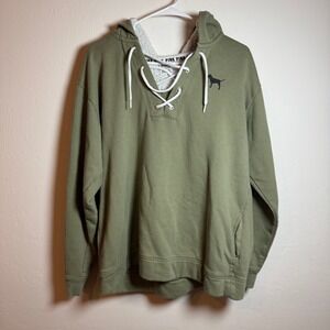 PINK Victoria's Secret Green Sherpa Lined Lace Up Hoodie Sweatshirt Womens Large